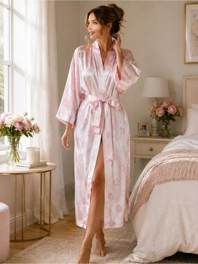 Pink Silk Kimono Robe Pink Jacquard Medallion Wrap Jinmei China Belted large